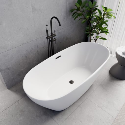 HD Aurora Matt White 160x75 ovális térben álló akril kád matt fekete túlfolyóval és click-clack leeresztővel