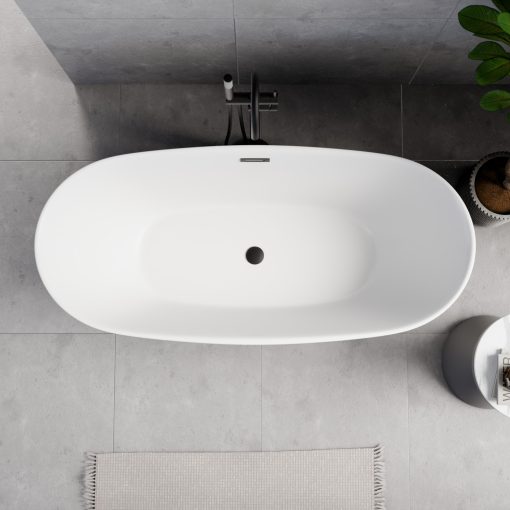 HD Aurora Matt White 160x75 ovális térben álló akril kád matt fekete túlfolyóval és click-clack leeresztővel