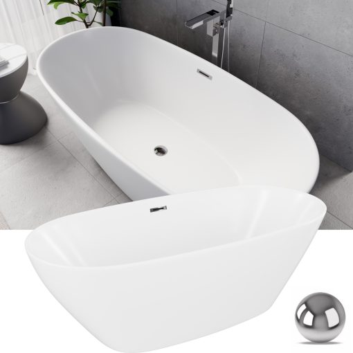 HD Aurora Matt White 170x75 ovális térben álló akril kád fényes króm túlfolyóval és click-clack leeresztővel