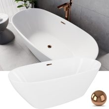 HD Aurora Matt White 170x75 ovális térben álló akril kád rózsa arany túlfolyóval és click-clack leeresztővel