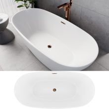 HD Aurora Matt White 170x75 ovális térben álló akril kád rózsa arany túlfolyóval és click-clack leeresztővel