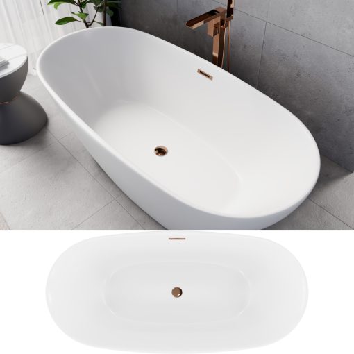 HD Aurora Matt White 170x75 ovális térben álló akril kád rózsa arany túlfolyóval és click-clack leeresztővel