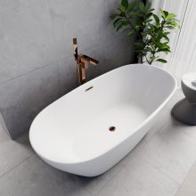 HD Aurora Matt White 170x75 ovális térben álló akril kád rózsa arany túlfolyóval és click-clack leeresztővel