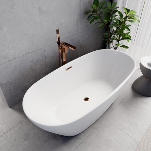 HD Aurora Matt White 170x75 ovális térben álló akril kád rózsa arany túlfolyóval és click-clack leeresztővel