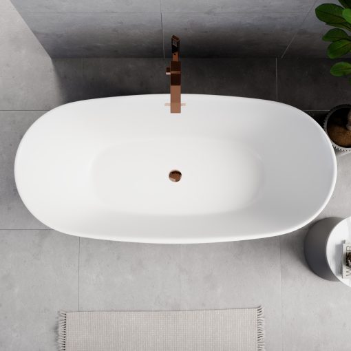 HD Aurora Matt White 170x75 ovális térben álló akril kád rózsa arany túlfolyóval és click-clack leeresztővel