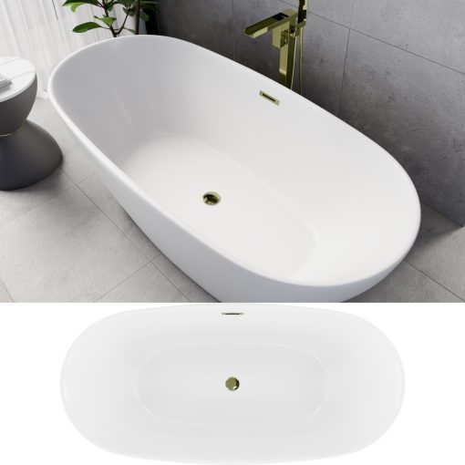 HD Aurora Matt White 170x75 ovális térben álló akril kád fényes arany túlfolyóval és click-clack leeresztővel