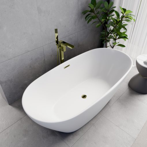 HD Aurora Matt White 170x75 ovális térben álló akril kád fényes arany túlfolyóval és click-clack leeresztővel