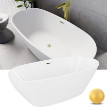 HD Aurora Matt White 170x75 ovális térben álló akril kád szálcsiszolt arany túlfolyóval és click-clack leeresztővel