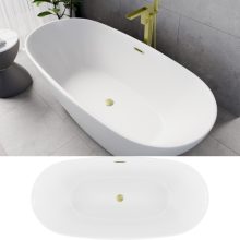 HD Aurora Matt White 170x75 ovális térben álló akril kád szálcsiszolt arany túlfolyóval és click-clack leeresztővel