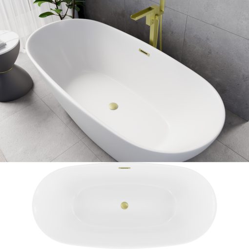 HD Aurora Matt White 170x75 ovális térben álló akril kád szálcsiszolt arany túlfolyóval és click-clack leeresztővel