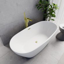 HD Aurora Matt White 170x75 ovális térben álló akril kád szálcsiszolt arany túlfolyóval és click-clack leeresztővel