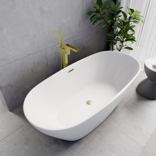 HD Aurora Matt White 170x75 ovális térben álló akril kád szálcsiszolt arany túlfolyóval és click-clack leeresztővel