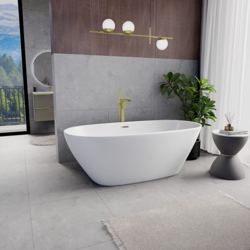 HD Aurora Matt White 170x75 ovális térben álló akril kád szálcsiszolt arany túlfolyóval és click-clack leeresztővel