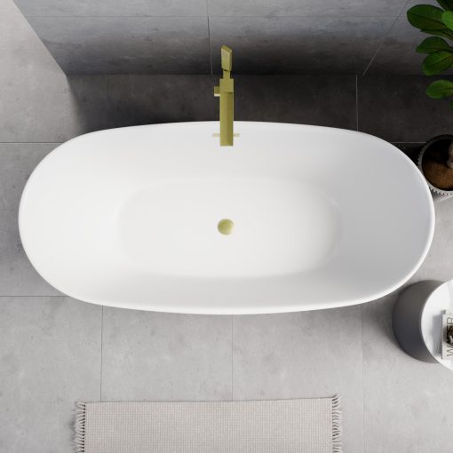 HD Aurora Matt White 170x75 ovális térben álló akril kád szálcsiszolt arany túlfolyóval és click-clack leeresztővel