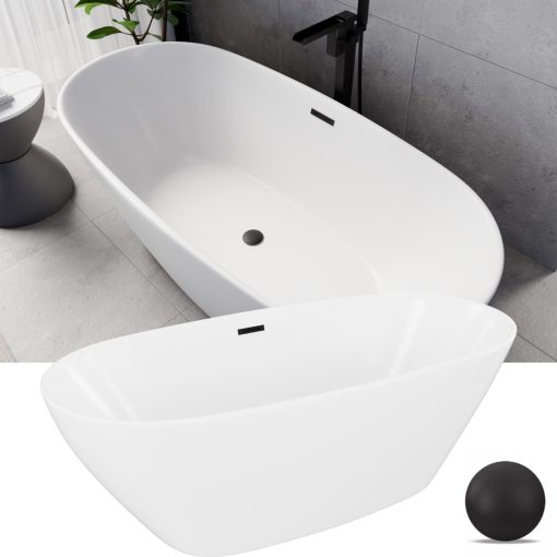 HD Aurora Matt White 170x75 ovális térben álló akril kád matt fekete túlfolyóval és click-clack leeresztővel