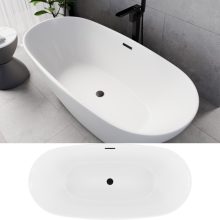 HD Aurora Matt White 170x75 ovális térben álló akril kád matt fekete túlfolyóval és click-clack leeresztővel