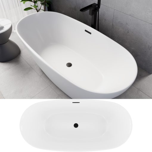 HD Aurora Matt White 170x75 ovális térben álló akril kád matt fekete túlfolyóval és click-clack leeresztővel