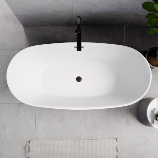 HD Aurora Matt White 170x75 ovális térben álló akril kád matt fekete túlfolyóval és click-clack leeresztővel