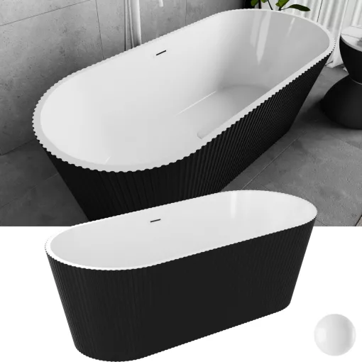 HD Pompei Black ovális térben álló akril kád fényes fehér túlfolyóval és click-clack leeresztővel, 160x75x58 cm