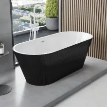 HD Pompei Black ovális térben álló akril kád fényes fehér túlfolyóval és click-clack leeresztővel, 160x75x58 cm