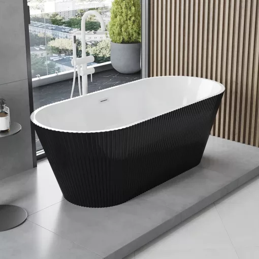 HD Pompei Black ovális térben álló akril kád fényes fehér túlfolyóval és click-clack leeresztővel, 160x75x58 cm