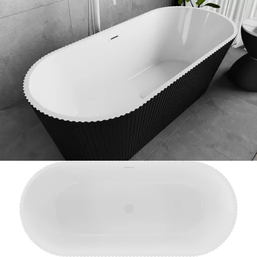 HD Pompei Black ovális térben álló akril kád fényes fehér túlfolyóval és click-clack leeresztővel, 160x75x58 cm