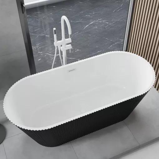 HD Pompei Black ovális térben álló akril kád fényes fehér túlfolyóval és click-clack leeresztővel, 160x75x58 cm