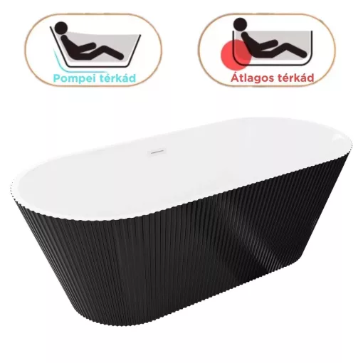 HD Pompei Black ovális térben álló akril kád fényes fehér túlfolyóval és click-clack leeresztővel, 160x75x58 cm