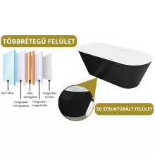 HD Pompei Black ovális térben álló akril kád fényes fehér túlfolyóval és click-clack leeresztővel, 160x75x58 cm