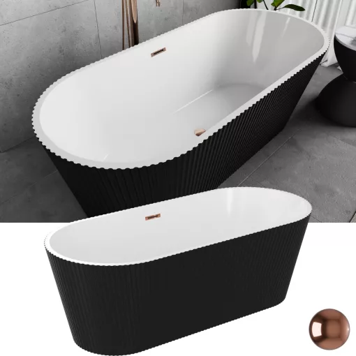 HD Pompei Black ovális térben álló akril kád rózsa arany túlfolyóval és click-clack leeresztővel, 160x75x58 cm