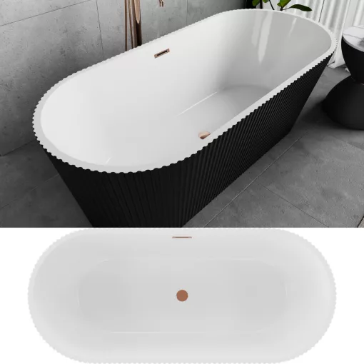 HD Pompei Black ovális térben álló akril kád rózsa arany túlfolyóval és click-clack leeresztővel, 160x75x58 cm