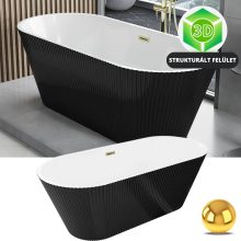 HD Pompei Black ovális térben álló akril kád fényes arany túlfolyóval és click-clack leeresztővel, 160x75x58 cm