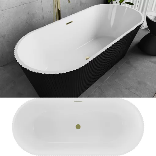 HD Pompei Black ovális térben álló akril kád fényes arany túlfolyóval és click-clack leeresztővel, 160x75x58 cm