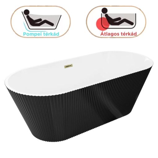 HD Pompei Black ovális térben álló akril kád fényes arany túlfolyóval és click-clack leeresztővel, 160x75x58 cm