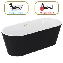 HD Pompei Black ovális térben álló akril kád fényes arany túlfolyóval és click-clack leeresztővel, 160x75x58 cm