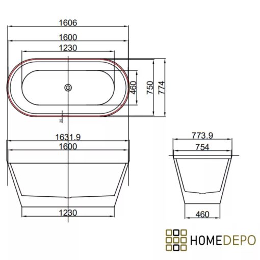 HD Pompei Black ovális térben álló akril kád fényes arany túlfolyóval és click-clack leeresztővel, 160x75x58 cm
