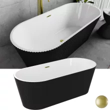 HD Pompei Black ovális térben álló akril kád szálcsiszolt arany túlfolyóval és click-clack leeresztővel, 160x75x58 cm