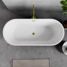 HD Pompei Black ovális térben álló akril kád szálcsiszolt arany túlfolyóval és click-clack leeresztővel, 160x75x58 cm
