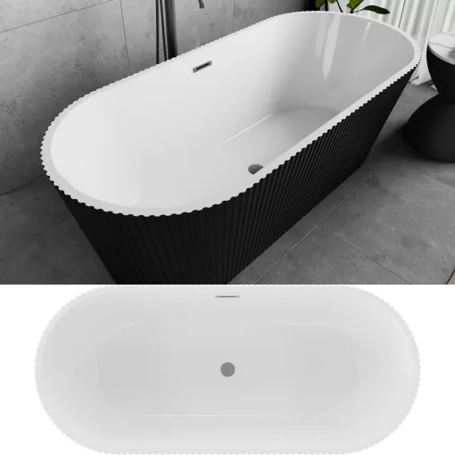 HD Pompei Black ovális térben álló akril kád matt szürke túlfolyóval és click-clack leeresztővel, 160x75x58 cm