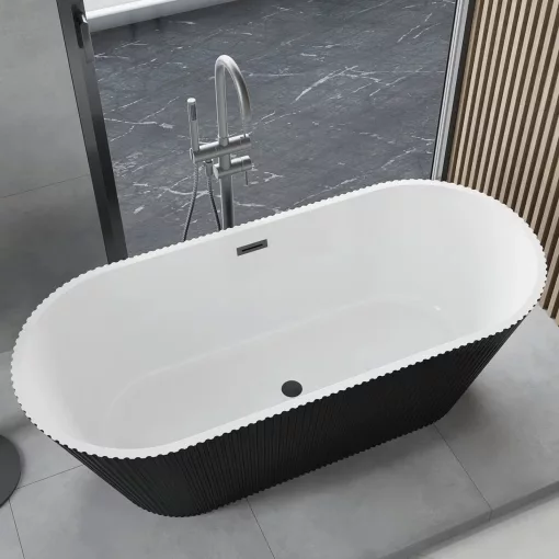 HD Pompei Black ovális térben álló akril kád matt szürke túlfolyóval és click-clack leeresztővel, 160x75x58 cm