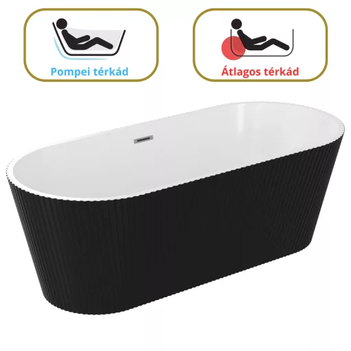 HD Pompei Black ovális térben álló akril kád matt szürke túlfolyóval és click-clack leeresztővel, 160x75x58 cm