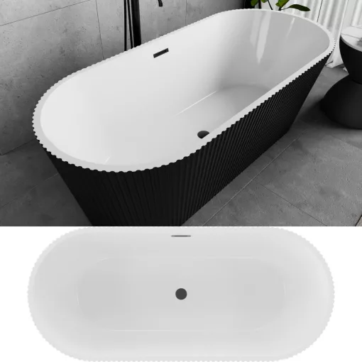 HD Pompei Black ovális térben álló akril kád matt fekete túlfolyóval és click-clack leeresztővel, 160x75x58 cm