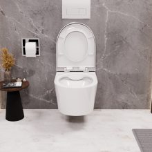 HD Noa Glossy White perem nélküli mély öblítésű íves fali WC compact "A" tetővel és fényes króm zsanérral