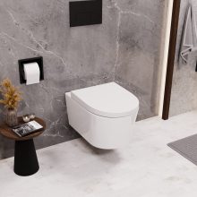 HD Noa Glossy White perem nélküli mély öblítésű íves fali WC compact "A" tetővel és matt fekete zsanérral