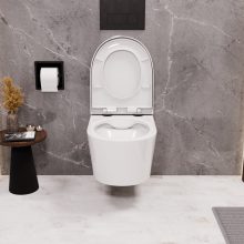 HD Noa Glossy White perem nélküli mély öblítésű íves fali WC compact "A" tetővel és matt fekete zsanérral