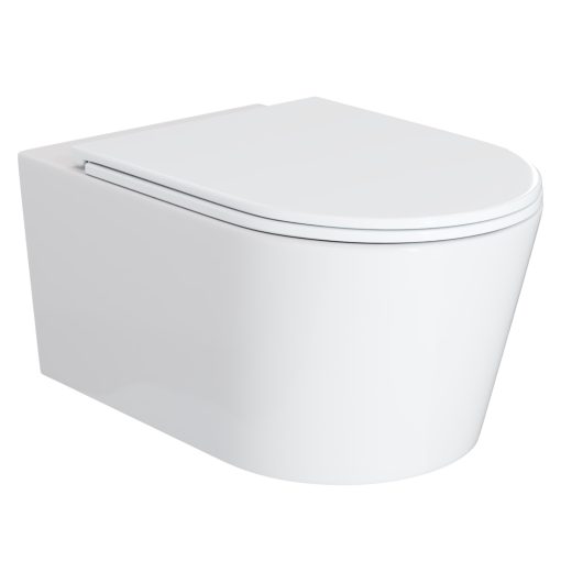 HD Noa Glossy White perem nélküli mély öblítésű íves fali WC slim "A" tetővel és fényes króm zsanérral