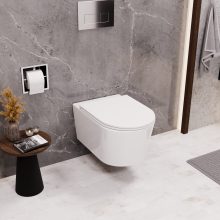 HD Noa Glossy White perem nélküli mély öblítésű íves fali WC slim "A" tetővel és fényes króm zsanérral