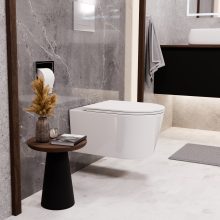 HD Noa Glossy White perem nélküli mély öblítésű íves fali WC slim "A" tetővel és fényes króm zsanérral