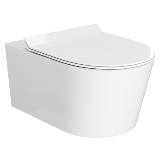 HD Noa Glossy White perem nélküli mély öblítésű íves fali WC slim "F" tetővel és fényes króm zsanérral