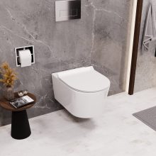 HD Noa Glossy White perem nélküli mély öblítésű íves fali WC slim "F" tetővel és fényes króm zsanérral